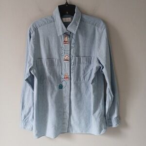 Foxcroft Women's Size 10 Vintage Blue Denim Button Down Shirt Cats Embroidered